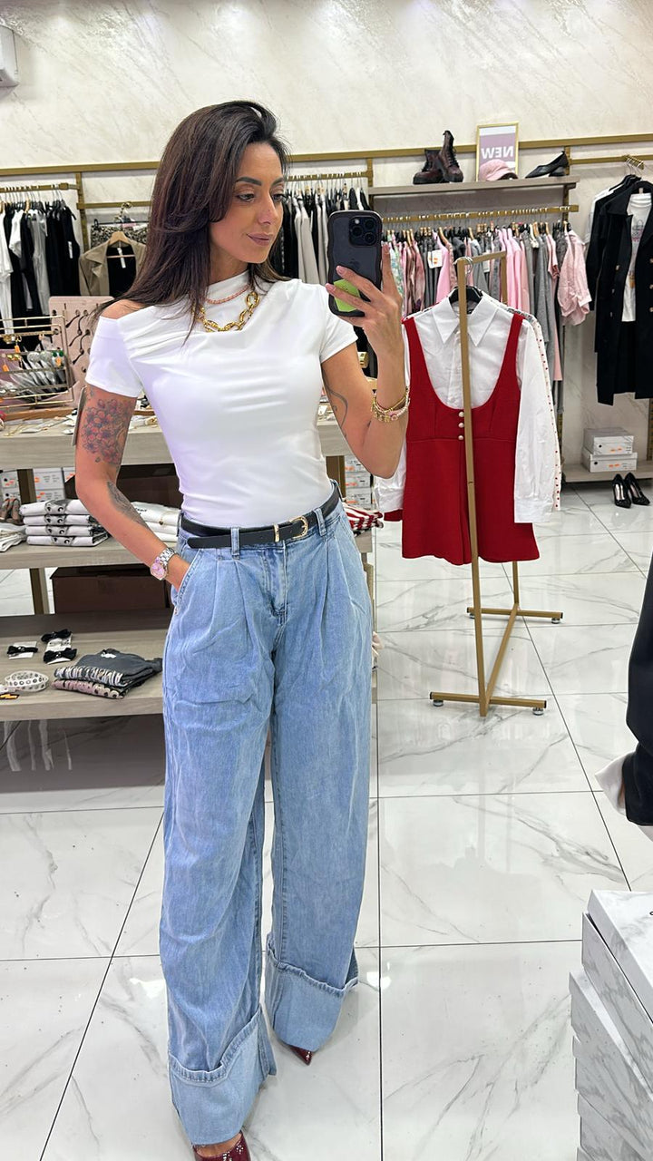 161 Jeans palazzo con risvolto e cinta