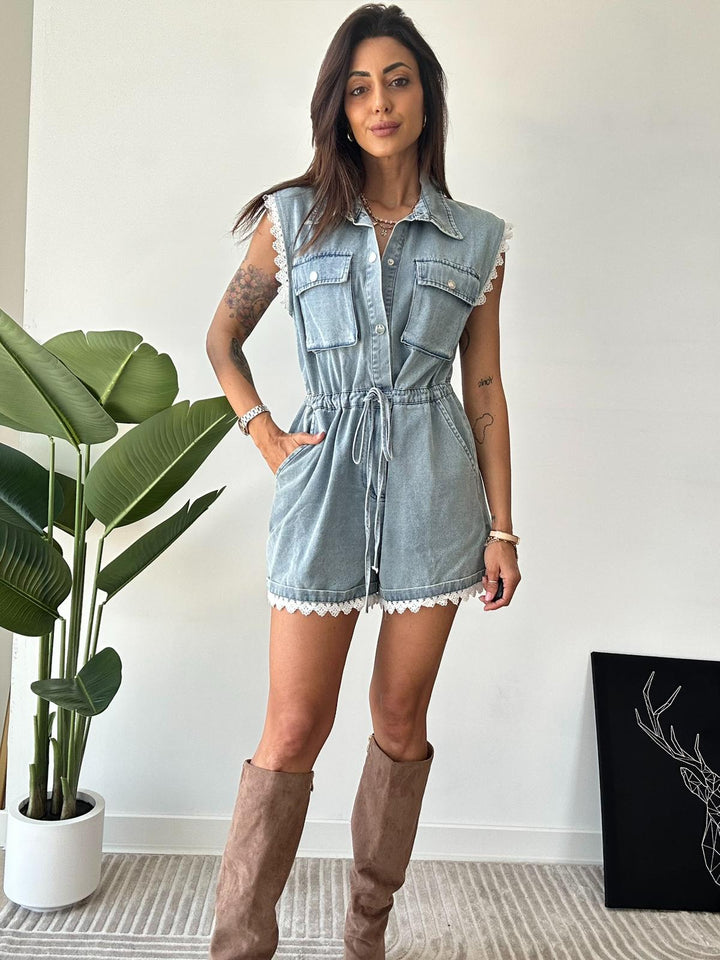 338 Jumpsuit Denim bordino in pizzo