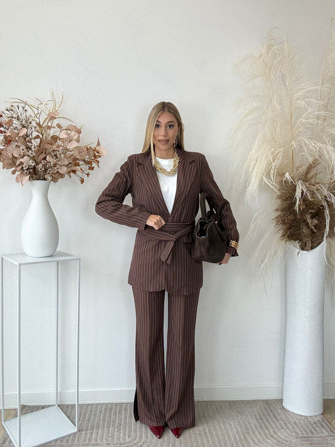 113 Coordinato gessato con cinta